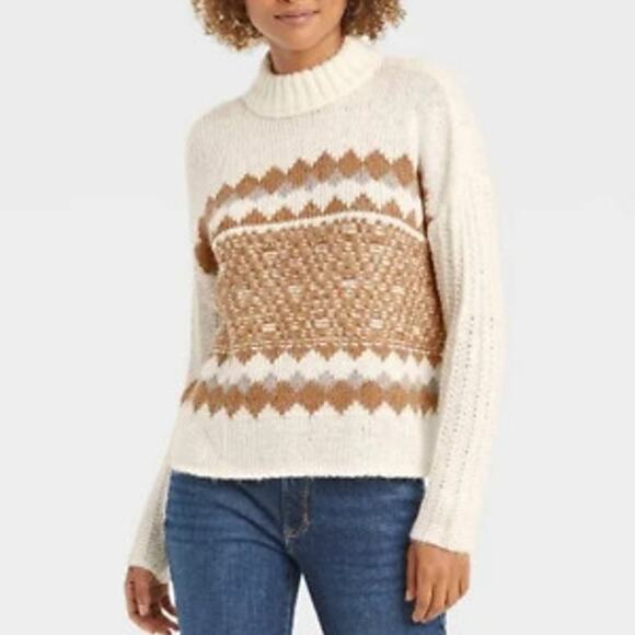 Knox Rose Fair Isle Sweater Mock Turtleneck Ivory L Knit Drop Shoulders Pullover - Picture 3 of 9